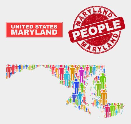 Demographic Maryland State map abstraction. People color mosaic Maryland State map of crowd, and red round rubber seal. Vector composition for population audience representation.のイラスト素材