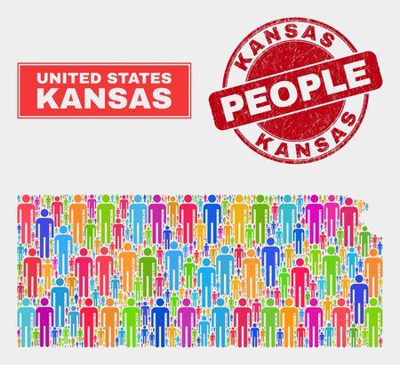 Demographic Kansas State map abstraction. People color mosaic Kansas State map of guys, and red rounded grunge stamp. Vector combination for national group plan.のイラスト素材