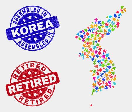 Element Korea map and blue Assembled seal stamp, and Retired scratched seal. Colored vector Korea map mosaic of bundle elements. Red round Retired seal.のイラスト素材