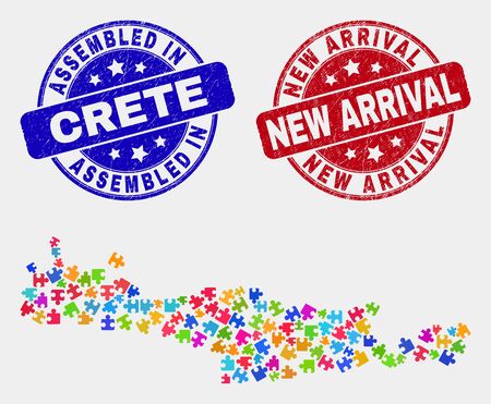 Element Crete map and blue Assembled seal stamp, and New Arrival distress seal stamp. Bright vector Crete map mosaic of bundle components. Red round New Arrival stamp.のイラスト素材