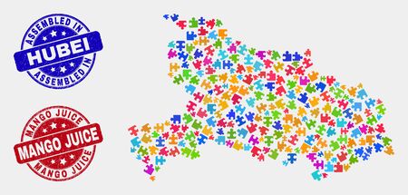 Puzzle Hubei Province map and blue Assembled seal stamp, and Mango Juice distress seal. Bright vector Hubei Province map mosaic of plugin items. Red round Mango Juice seal.のイラスト素材