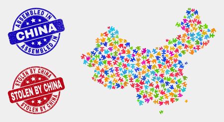 Bundle China map and blue Assembled seal stamp, and Stolen by China textured seal. Colored vector China map mosaic of puzzle parts. Red round Stolen by China seal.のイラスト素材