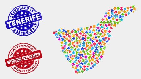 Module Tenerife map and blue Assembled seal stamp, and Interview Preparation textured seal stamp. Bright vector Tenerife map mosaic of plugin bricks. Red rounded Interview Preparation seal.のイラスト素材