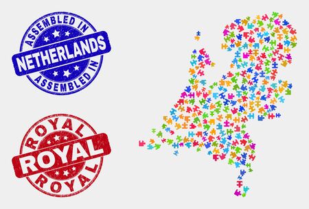 Bundle Netherlands map and blue Assembled seal, and Royal textured stamp. Bright vector Netherlands map mosaic of bundle items. Red rounded Royal stamp.のイラスト素材