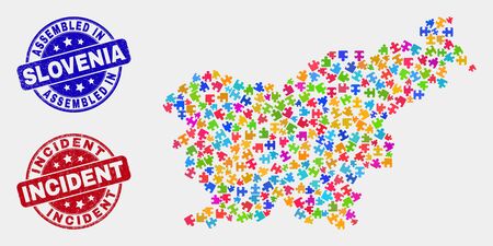 Puzzle Slovenia map and blue Assembled stamp, and Incident distress seal stamp. Bright vector Slovenia map mosaic of bundle units. Red round Incident stamp.のイラスト素材