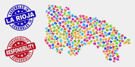 Element La Rioja of Spain map and blue Assembled stamp, and Responsibility grunge seal stamp. Colorful vector La Rioja of Spain map mosaic of bundle elements. Red rounded Responsibility seal.のイラスト素材