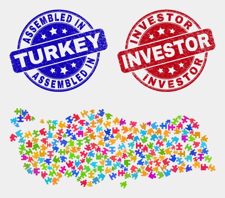 Puzzle Turkey map and blue Assembled seal stamp, and Investor grunge watermark. Bright vector Turkey map mosaic of puzzle elements. Red rounded Investor seal.のイラスト素材
