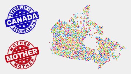 Element Canada map and blue Assembled seal stamp, and Mother scratched seal stamp. Bright vector Canada map mosaic of plug-in units. Red rounded Mother stamp.のイラスト素材