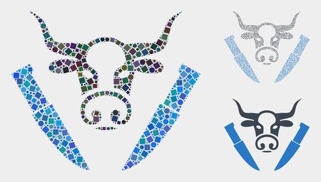Collage Cow butchery icon composed of spheric and square elements in various sizes, positions and proportions. Vector spheric and square elements are composed into abstract collage cow butchery icons.のイラスト素材