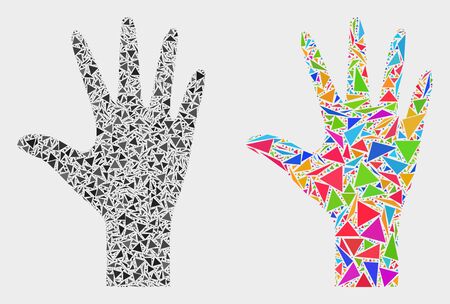 Palm fingers mosaic icon of triangle items which have various sizes and shapes and colors. Geometric abstract vector illustration of palm fingers.のイラスト素材