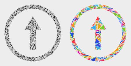 Rounded arrow up mosaic icon of triangle items which have various sizes and shapes and colors. Geometric abstract vector design concept of rounded arrow up.のイラスト素材
