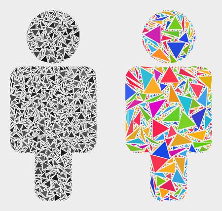 Man collage icon of triangle items which have different sizes and shapes and colors. Geometric abstract vector illustration of man. Scattered triangle items are grouped into bright colored man shape.のイラスト素材