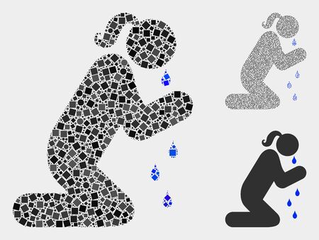 Mosaic Crying praying woman icon organized from spheric and square elements in different sizes, positions and proportions.のイラスト素材