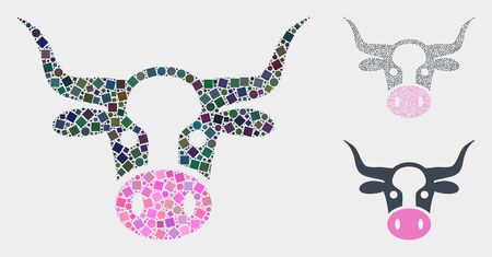 Mosaic Cow head icon organized from spheric and square elements in random sizes, positions and proportions. Vector circle and square elements are organized into abstract puzzle cow head icons.のイラスト素材