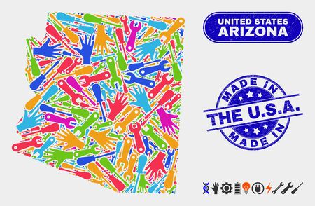 Productivity Arizona State map and blue Made in the U.S.A. scratched seal. Colorful vector Arizona State map mosaic of engineering. Blue round Made in the U.S.A. seal.のイラスト素材