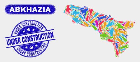 Production Abkhazia map and blue Under Construction scratched seal. Colored vector Abkhazia map mosaic of productivity elements. Blue round Under Construction seal.のイラスト素材