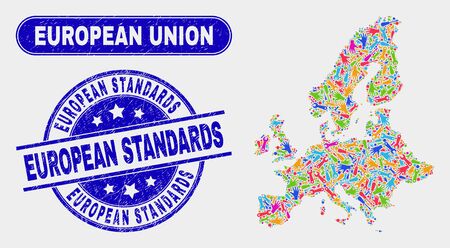 Engineering European Union map and blue European Standards distress seal. Colored vector European Union map mosaic of engineering elements. Blue round European Standards stamp.のイラスト素材