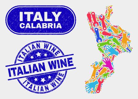Element Calabria region map and blue Italian Wine distress seal stamp. Colorful vector Calabria region map mosaic of workshop units. Blue round Italian Wine seal.のイラスト素材