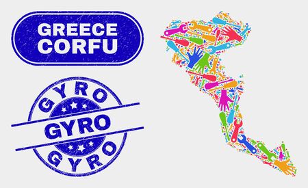 Assemble Corfu Island map and blue Gyro distress stamp. Bright vector Corfu Island map mosaic of tools elements. Blue round Gyro stamp.のイラスト素材
