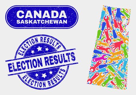 Production Saskatchewan Province map and blue Election Results distress stamp. Colorful vector Saskatchewan Province map mosaic of production components. Blue round Election Results seal.のイラスト素材