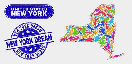 Tools New York State map and blue New York Dream textured stamp. Colored vector New York State map mosaic of productivity items. Blue round New York Dream stamp.のイラスト素材