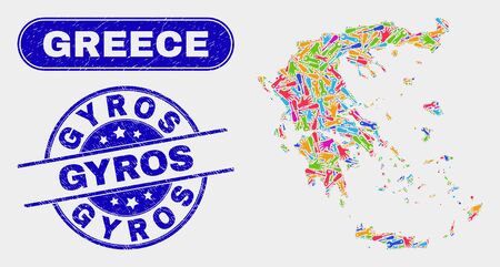Engineering Greece map and blue Gyros textured seal stamp. Colored vector Greece map mosaic of mechanic parts. Blue rounded Gyros seal.のイラスト素材