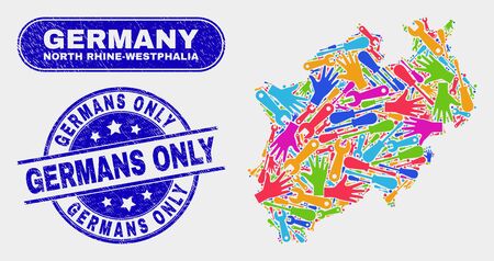 Service North Rhine-Westphalia Land map and blue Germans Only scratched stamp. Bright vector North Rhine-Westphalia Land map mosaic of service elements. Blue round Germans Only imprint.のイラスト素材