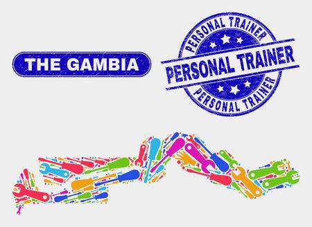 Production the Gambia map and blue Personal Trainer scratched seal. Colored vector the Gambia map mosaic of repair items. Blue rounded Personal Trainer seal.のイラスト素材