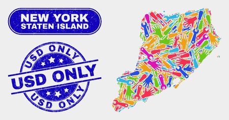 Productivity Staten Island map and blue USD Only grunge seal. Colored vector Staten Island map mosaic of engineering elements. Blue round USD Only seal.のイラスト素材