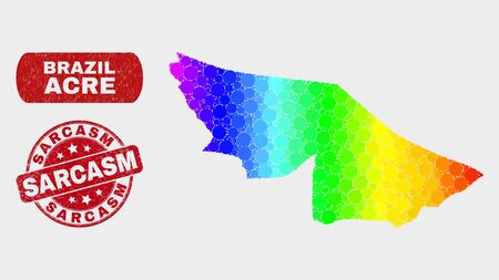 Spectrum dotted Acre State map and rubber prints. Red round Sarcasm grunge watermark. Gradiented spectrum Acre State map mosaic of random round elements. Sarcasm watermark with scratched texture.のイラスト素材