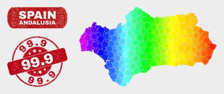 Spectral dotted Andalusia Province map and watermarks. Red round 99.9 scratched watermark. Gradient spectral Andalusia Province map mosaic of randomized spheric dots. 99.のイラスト素材