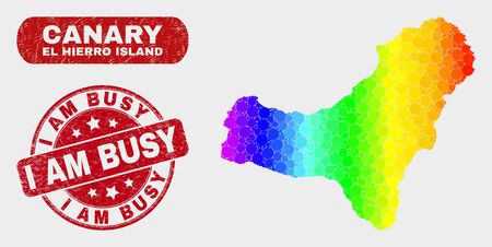 Rainbow colored dotted El Hierro Island map and rubber prints. Red round I Am Busy scratched seal. Gradiented rainbow colored El Hierro Island map mosaic of scattered round elements.のイラスト素材