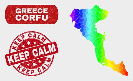 Rainbow colored dot Corfu Island map and stamps. Red round Keep Calm distress stamp. Gradient rainbow colored Corfu Island map mosaic of random circle. Keep Calm stamp with grunged surface.のイラスト素材