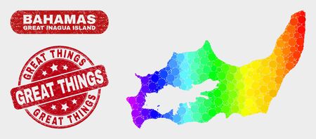 Rainbow colored dot Great Inagua Island map and seal stamps. Red round Great Things distress watermark. Gradiented rainbow colored Great Inagua Island map mosaic of scattered circle.のイラスト素材