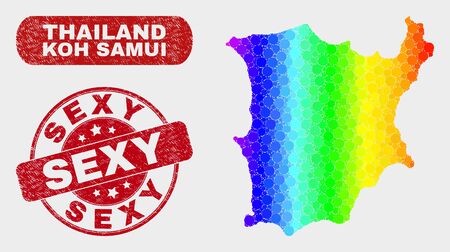 Spectral dotted Koh Samui map and seal stamps. Red round Sexy distress seal stamp. Gradient spectral Koh Samui map mosaic of scattered spheric dots. Sexy seal stamp with scratched texture.のイラスト素材