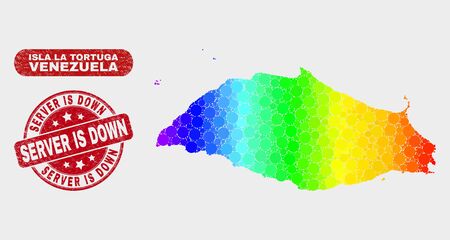 Rainbow colored dotted Isla La Tortuga map and seal stamps. Red round Server Is Down textured watermark. Gradiented rainbow colored Isla La Tortuga map mosaic of random round dots.のイラスト素材