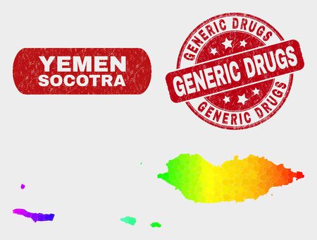Spectrum dot Socotra Archipelago map and stamps. Red rounded Generic Drugs distress seal stamp. Gradiented rainbow colored Socotra Archipelago map mosaic of scattered round dots.のイラスト素材