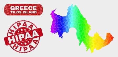 Spectrum dot Tilos Island map and seals. Red round Hipaa textured seal stamp. Gradient spectrum Tilos Island map mosaic of random small spheres. Hipaa seal stamp with dirty surface.のイラスト素材