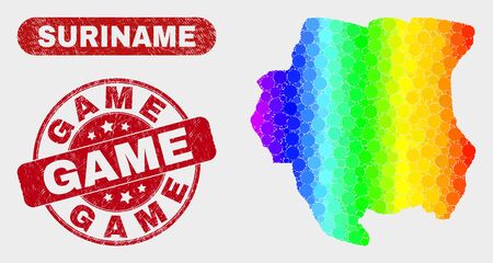 Rainbow colored dotted Suriname map and seal stamps. Red rounded Game distress stamp. Gradiented rainbow colored Suriname map mosaic of scattered round elements. Game imprint with rubber texture.のイラスト素材
