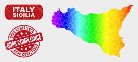 Spectral dotted Sicilia map and rubber prints. Red round Gdpr Compliance scratched seal stamp. Gradient spectrum Sicilia map mosaic of scattered round elements.のイラスト素材