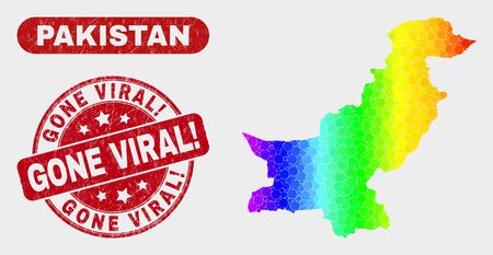 Rainbow colored dot Pakistan map and seal stamps. Red rounded Gone Viral! distress seal stamp. Gradient rainbow colored Pakistan map mosaic of random small circles.のイラスト素材