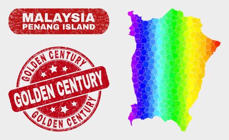 Rainbow colored dot Penang Island map and seals. Red rounded Golden Century textured stamp. Gradient rainbow colored Penang Island map mosaic of random small spheres.のイラスト素材