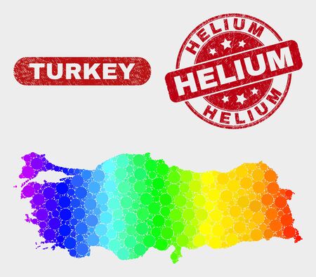 Spectrum dotted Turkey map and seal stamps. Red round Helium grunge seal stamp. Gradiented spectral Turkey map mosaic of random round dots. Helium seal with scratched surface.のイラスト素材