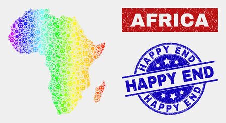 Assemble Africa map and blue Happy End scratched stamp. Rainbow colored gradient vector Africa map mosaic of equipment components. Blue round Happy End stamp.のイラスト素材