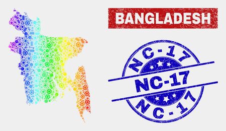Factory Bangladesh map and blue Nc-17 textured stamp. Colorful gradient vector Bangladesh map mosaic of mechanics units. Blue rounded Nc-17 stamp.のイラスト素材