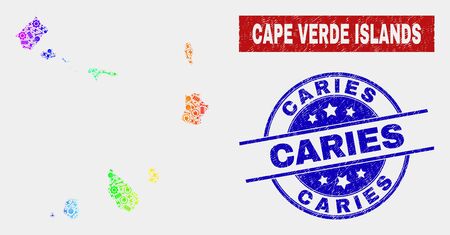 Construction Cape Verde Islands map and blue Caries scratched seal. Spectrum gradient vector Cape Verde Islands map mosaic of service elements. Blue rounded Caries seal.のイラスト素材