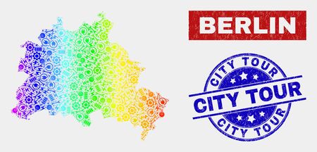 Construction Berlin City map and blue City Tour grunge seal stamp. Spectrum gradient vector Berlin City map mosaic of tools items. Blue round City Tour seal.のイラスト素材