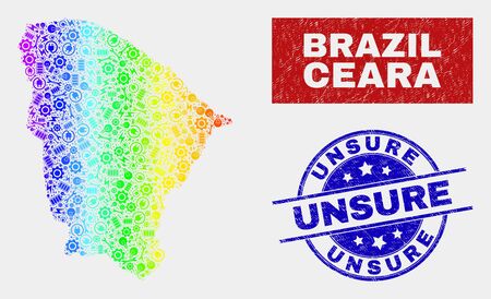 Constructor Ceara state map and blue Unsure scratched seal stamp. Spectrum gradient vector Ceara state map mosaic of workshop. Blue rounded Unsure seal.のイラスト素材