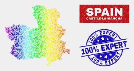 Factory Castile-La Mancha Province map and blue 100% Expert distress seal stamp. Spectrum gradiented vector Castile-La Mancha Province map mosaic of machinery items. Blue rounded 100% Expert stamp.のイラスト素材