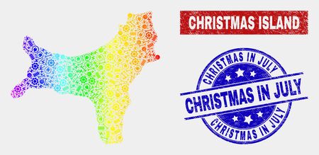 Production Christmas Island map and blue Christmas in July scratched seal stamp. Spectrum gradient vector Christmas Island map mosaic of workshop elements. Blue round Christmas in July seal.のイラスト素材